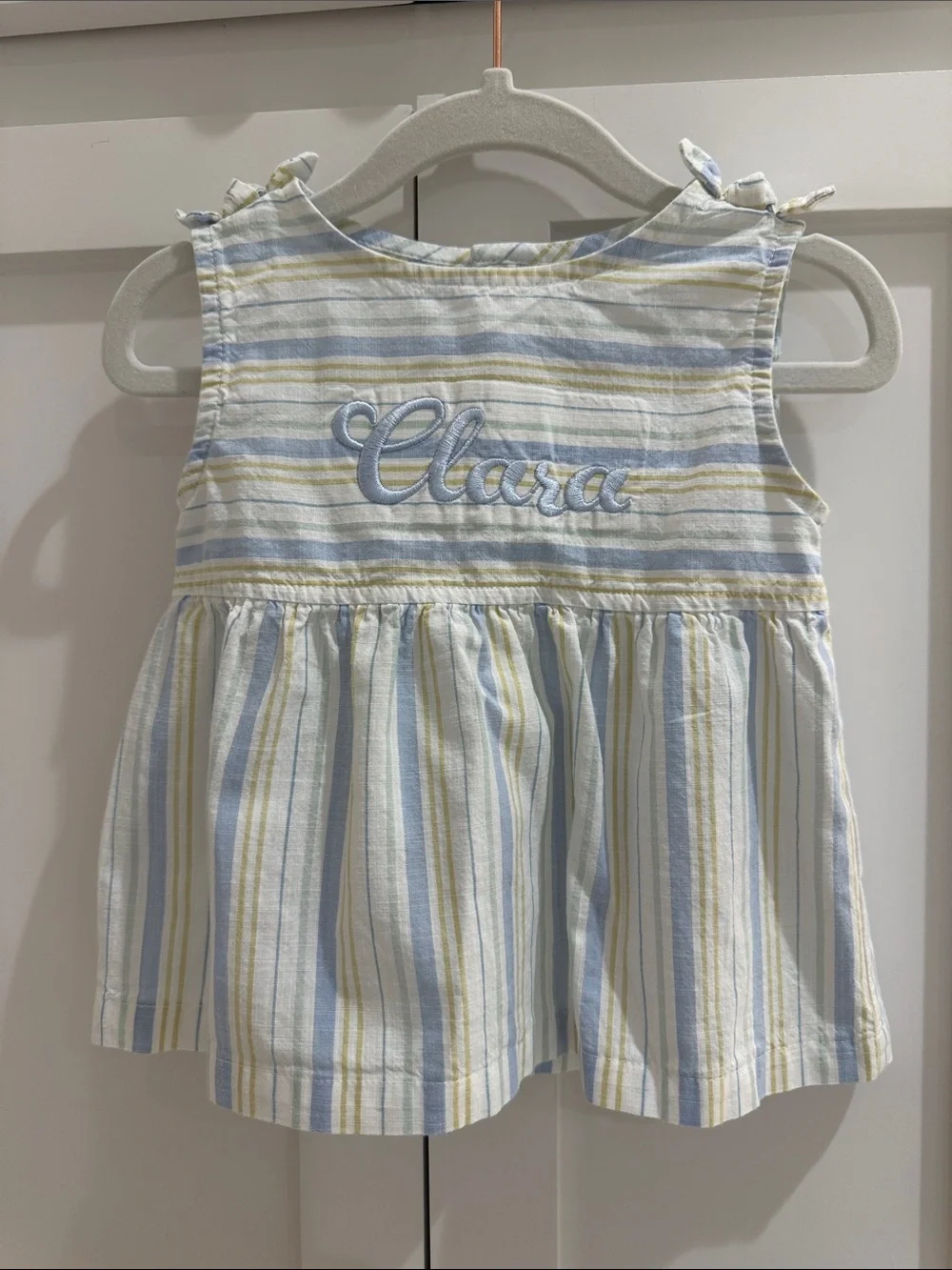 Carter’s Blue/Yellow/White/Sage Dress/Bloomer/Headband Set Monogrammed ‘Clara’